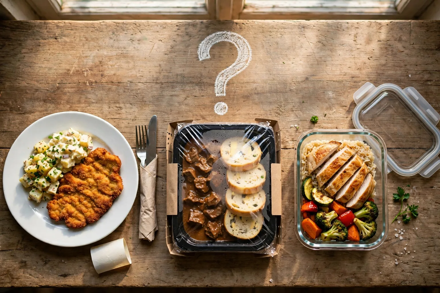 Řízek s bramborovým salátem z restaurace, guláš s knedlíkem v plastové misce z obchodu a kuře s rýží v krabičce, nad nimi otazník